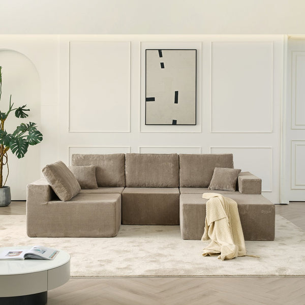 English Elm 139.3" Modular Sectional Sofa - Cloud-Like Boneless Corduroy Couch with Ottoman, 2 Pillows, No Assembly Grey W2656S00010
