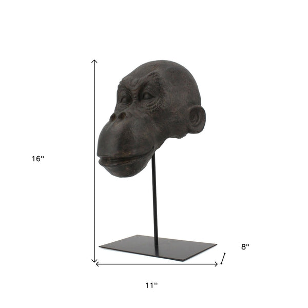 HomeRoots 16" Brown Resin Gorilla Face Tabletop Sculpture - Unique Jungle-Inspired Decor for Home & Office 574104