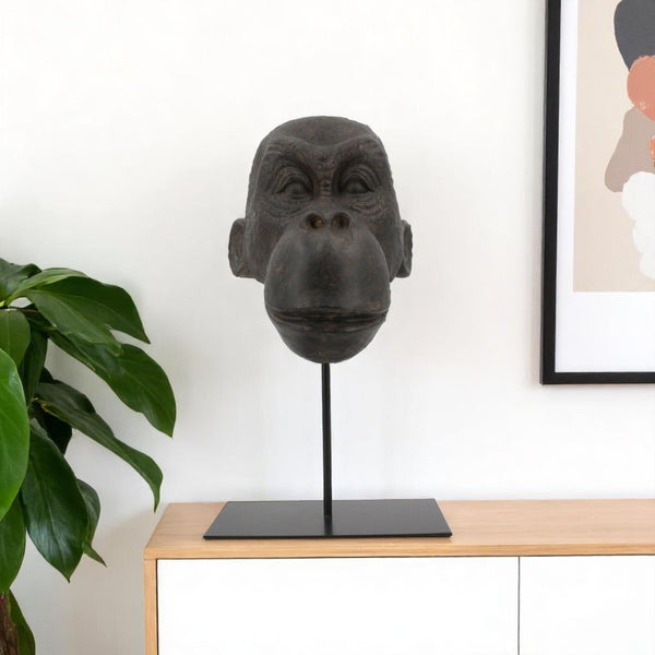 HomeRoots 16" Brown Resin Gorilla Face Tabletop Sculpture - Unique Jungle-Inspired Decor for Home & Office 574104