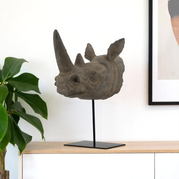 HomeRoots 17" Brown Resin Rhinoceros Sculpture - Bold Wildlife Tabletop Decor for Modern Interiors & Gifts 574105