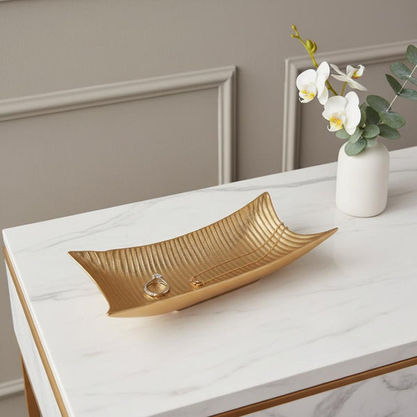 HomeRoots 20" Gold Ceramic Vanity Tray - Elegant Organizer for Cosmetics, Jewelry & Decor in Modern Style 574110