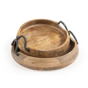HomeRoots Set of Two Elegant Mango Wood Round Trays with Black Metal Handles for Stylish Home Decor 574111