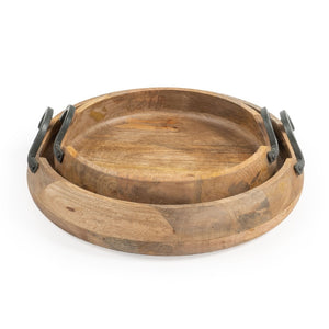 HomeRoots Set of Two Elegant Mango Wood Round Trays with Black Metal Handles for Stylish Home Decor 574111