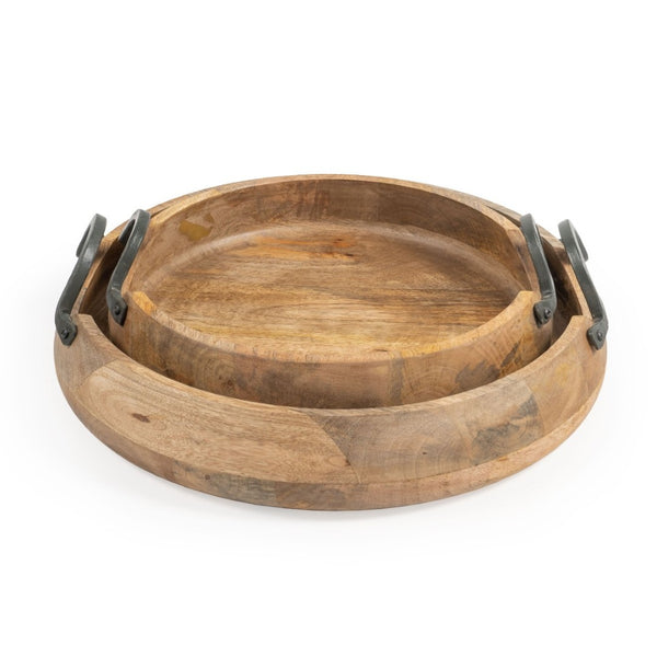 HomeRoots Set of Two Elegant Mango Wood Round Trays with Black Metal Handles for Stylish Home Decor 574111
