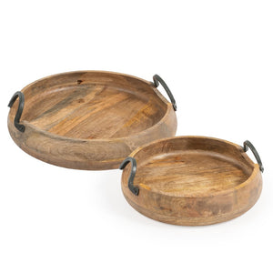 HomeRoots Set of Two Elegant Mango Wood Round Trays with Black Metal Handles for Stylish Home Decor 574111