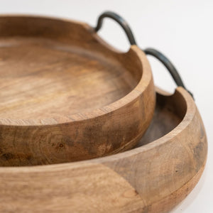 HomeRoots Set of Two Elegant Mango Wood Round Trays with Black Metal Handles for Stylish Home Decor 574111