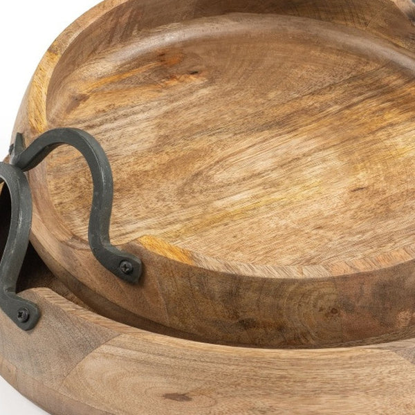HomeRoots Set of Two Elegant Mango Wood Round Trays with Black Metal Handles for Stylish Home Decor 574111