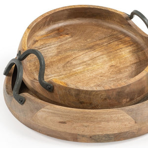 HomeRoots Set of Two Elegant Mango Wood Round Trays with Black Metal Handles for Stylish Home Decor 574111