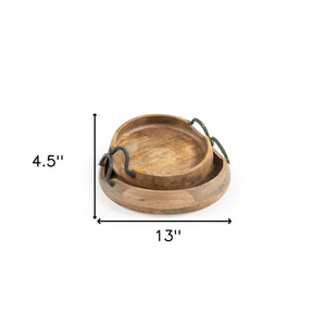 HomeRoots Set of Two Elegant Mango Wood Round Trays with Black Metal Handles for Stylish Home Decor 574111