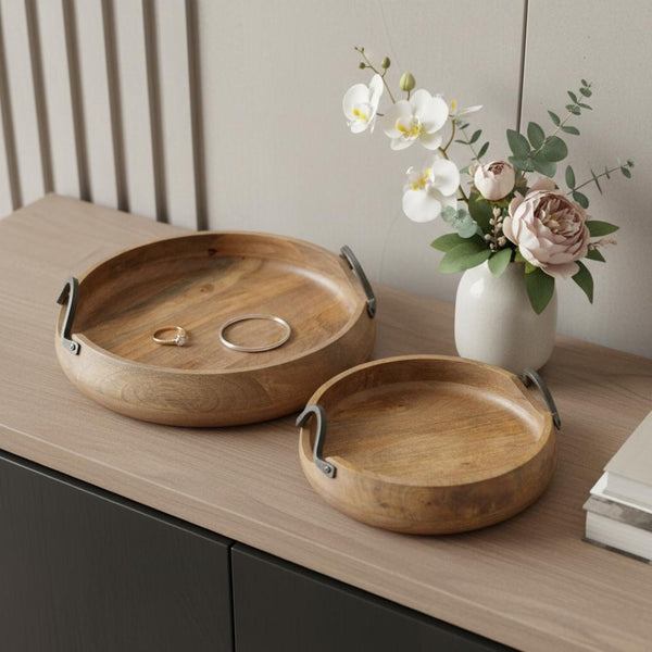 HomeRoots Set of Two Elegant Mango Wood Round Trays with Black Metal Handles for Stylish Home Decor 574111