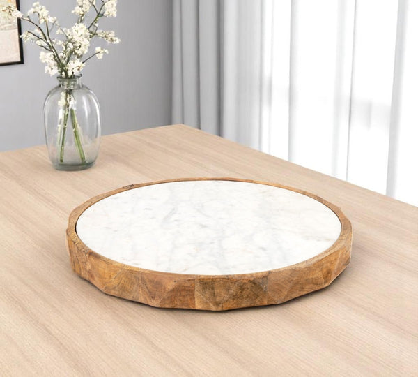 HomeRoots 15" Brown And White Marble Cheese Board with Solid Mango Wood Rim – Perfect for Charcuterie & Decor 574112