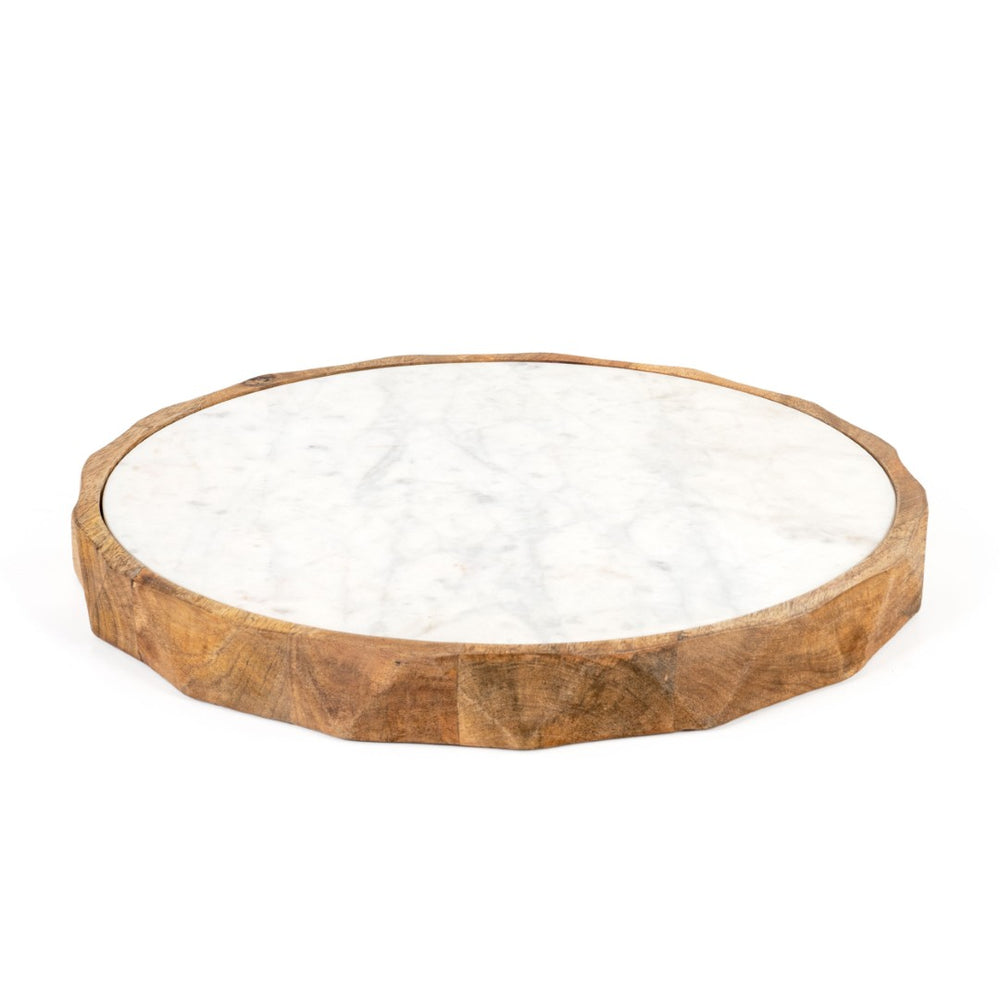 HomeRoots 15" Brown And White Marble Cheese Board with Solid Mango Wood Rim – Perfect for Charcuterie & Decor 574112