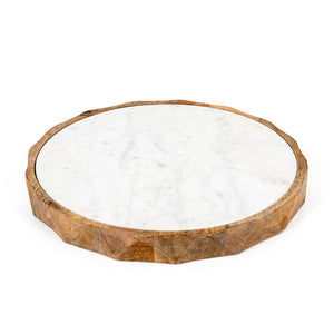 HomeRoots 15" Brown And White Marble Cheese Board with Solid Mango Wood Rim – Perfect for Charcuterie & Decor 574112