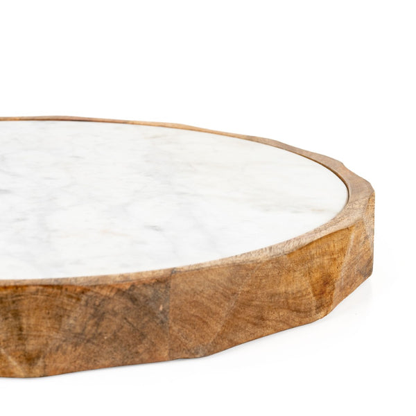HomeRoots 15" Brown And White Marble Cheese Board with Solid Mango Wood Rim – Perfect for Charcuterie & Decor 574112
