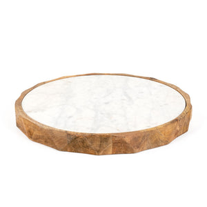 HomeRoots 15" Brown And White Marble Cheese Board with Solid Mango Wood Rim – Perfect for Charcuterie & Decor 574112