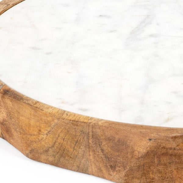 HomeRoots 15" Brown And White Marble Cheese Board with Solid Mango Wood Rim – Perfect for Charcuterie & Decor 574112