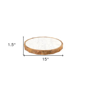 HomeRoots 15" Brown And White Marble Cheese Board with Solid Mango Wood Rim – Perfect for Charcuterie & Decor 574112