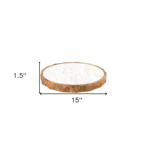 HomeRoots 15" Brown And White Marble Cheese Board with Solid Mango Wood Rim – Perfect for Charcuterie & Decor 574112