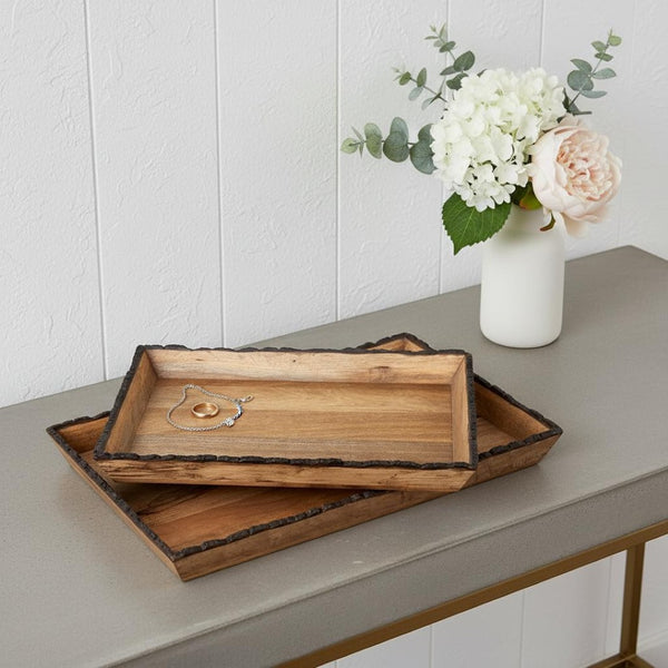HomeRoots Set of Two Elegant Brown Solid Wood Vanity Trays for Stylish Decor & Organizing Accessories 574113