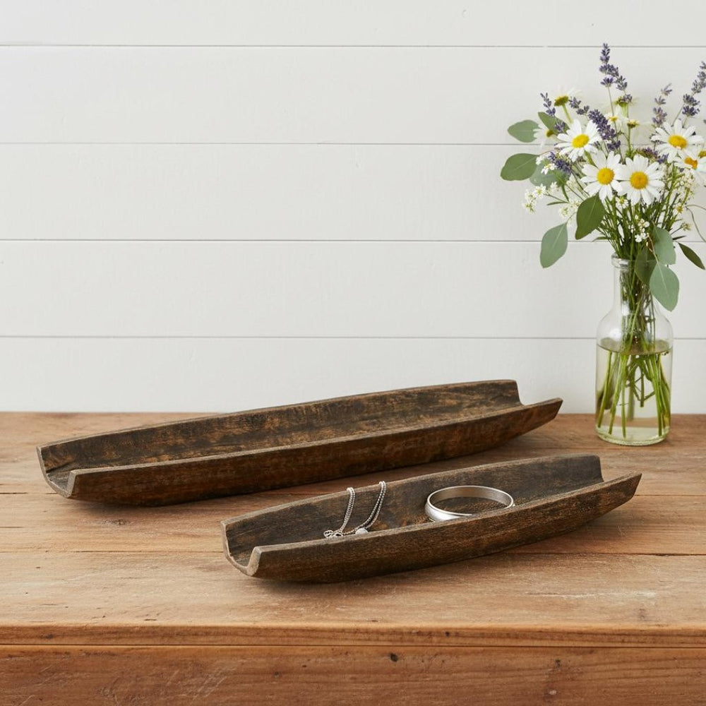 HomeRoots Set of Two Rustic Dark Brown Mango Wood Boat Trays - Stylish Decorative Centerpieces for Home Decor 574114