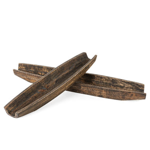 HomeRoots Set of Two Rustic Dark Brown Mango Wood Boat Trays - Stylish Decorative Centerpieces for Home Decor 574114