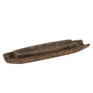 HomeRoots Set of Two Rustic Dark Brown Mango Wood Boat Trays - Stylish Decorative Centerpieces for Home Decor 574114