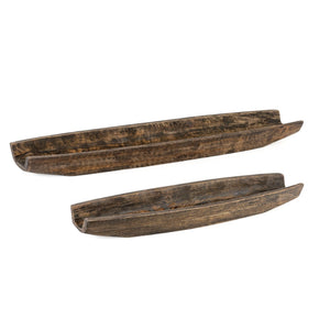 HomeRoots Set of Two Rustic Dark Brown Mango Wood Boat Trays - Stylish Decorative Centerpieces for Home Decor 574114