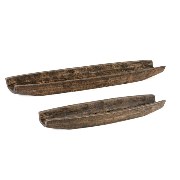 HomeRoots Set of Two Rustic Dark Brown Mango Wood Boat Trays - Stylish Decorative Centerpieces for Home Decor 574114