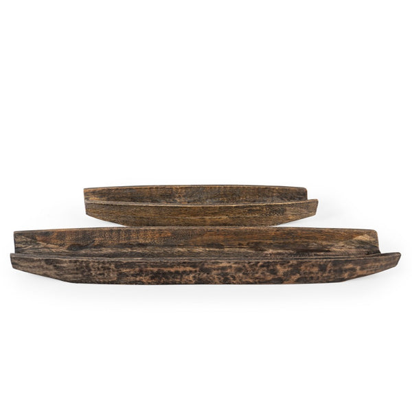 HomeRoots Set of Two Rustic Dark Brown Mango Wood Boat Trays - Stylish Decorative Centerpieces for Home Decor 574114
