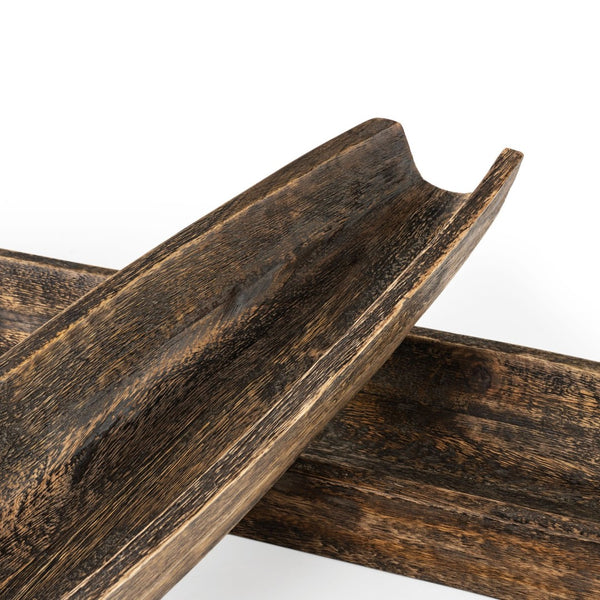 HomeRoots Set of Two Rustic Dark Brown Mango Wood Boat Trays - Stylish Decorative Centerpieces for Home Decor 574114
