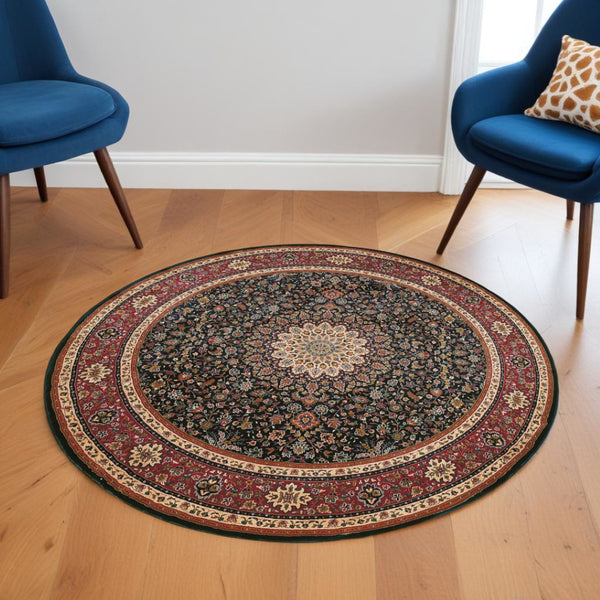 HomeRoots 6' Blue Oriental Round Rug - Elegant Design, Durable & Stain-Resistant for High-Traffic Spaces 6' Round 574119