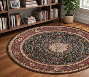 HomeRoots 6' Blue Oriental Round Rug - Elegant Design, Durable & Stain-Resistant for High-Traffic Spaces 8' Round 574120