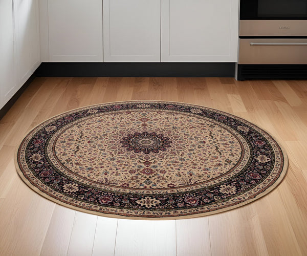HomeRoots 6' Blue Oriental Round Rug - Elegant Design, Durable & Stain-Resistant for High-Traffic Spaces 6' Round 574122