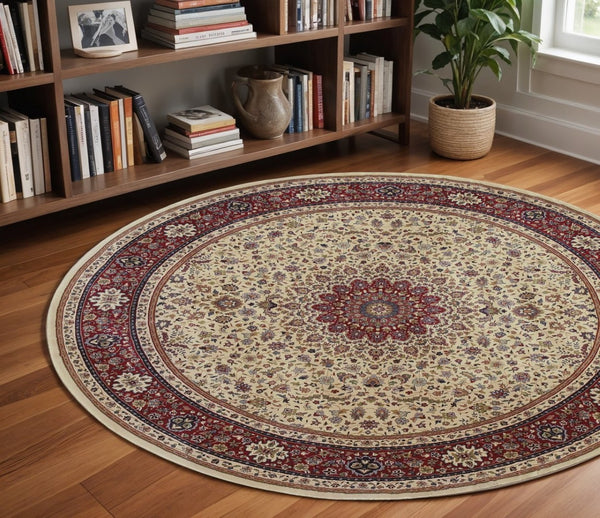 HomeRoots 6' Blue Oriental Round Rug - Elegant Design, Durable & Stain-Resistant for High-Traffic Spaces 8' Round 574126