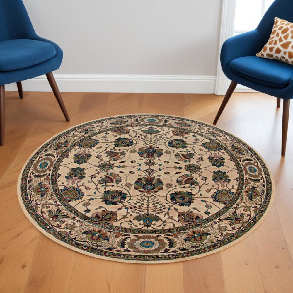 HomeRoots 6' Ivory Floral Round Rug - Elegant, Durable, Stain-Resistant Design for Timeless Home Décor Appeal 6' Round 574128
