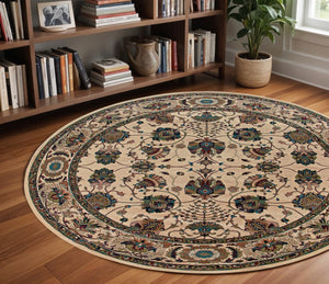 HomeRoots 6' Ivory Floral Round Rug - Elegant, Durable, Stain-Resistant Design for Timeless Home Décor Appeal 8' Round 574129