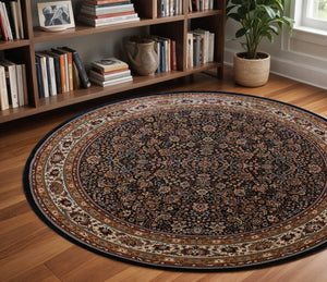 HomeRoots 6' Elegant Round Oriental Rug in Ivory, Black & Red - Timeless Style for Modern Spaces 8' Round 574132