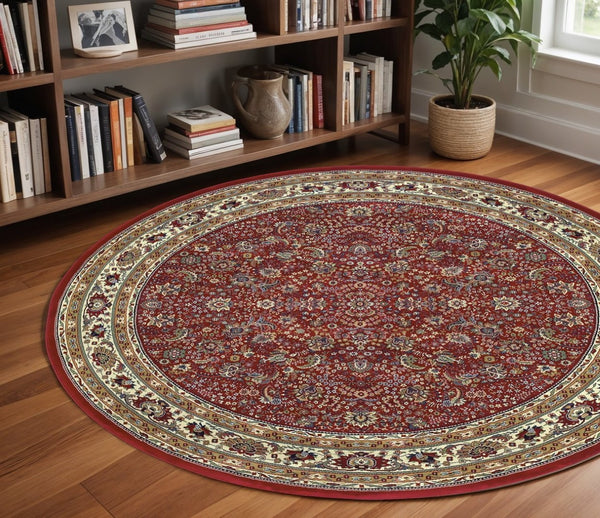 HomeRoots 6' Elegant Round Oriental Rug in Ivory, Black & Red - Timeless Style for Modern Spaces 8' Round 574135