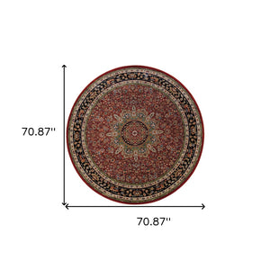 HomeRoots 6' Elegant Red and Blue Oriental Round Rug - Stain-Resistant, Power-Loomed for Lasting Beauty 6' Round 574137