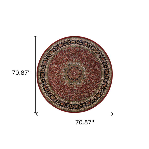 HomeRoots 6' Elegant Red and Blue Oriental Round Rug - Stain-Resistant, Power-Loomed for Lasting Beauty 6' Round 574137