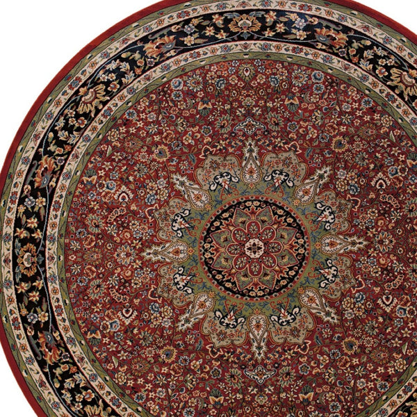 HomeRoots 6' Elegant Red and Blue Oriental Round Rug - Stain-Resistant, Power-Loomed for Lasting Beauty 6' Round 574137