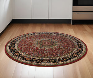 HomeRoots 6' Elegant Red and Blue Oriental Round Rug - Stain-Resistant, Power-Loomed for Lasting Beauty 6' Round 574137
