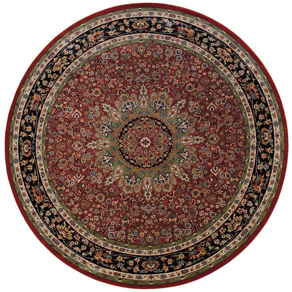 HomeRoots 6' Elegant Red and Blue Oriental Round Rug - Stain-Resistant, Power-Loomed for Lasting Beauty 8' Round 574138