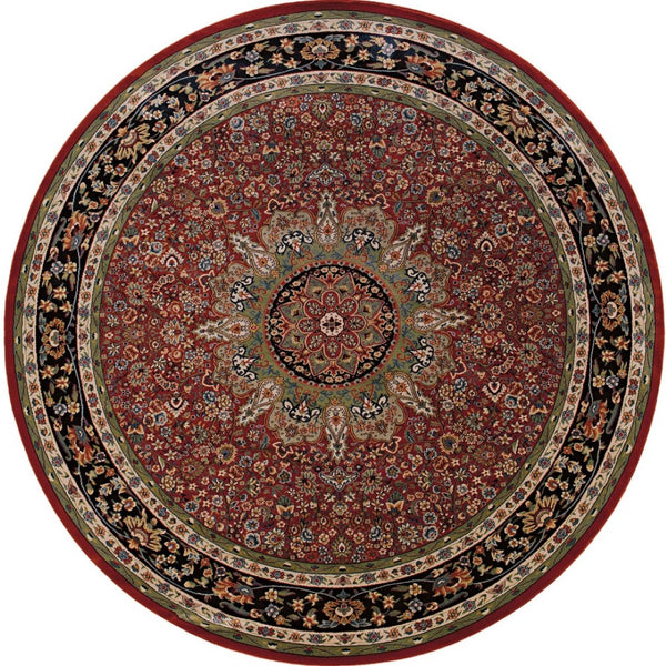 HomeRoots 6' Elegant Red and Blue Oriental Round Rug - Stain-Resistant, Power-Loomed for Lasting Beauty 8' Round 574138