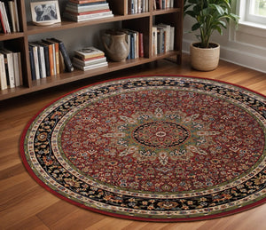 HomeRoots 6' Elegant Red and Blue Oriental Round Rug - Stain-Resistant, Power-Loomed for Lasting Beauty 8' Round 574138