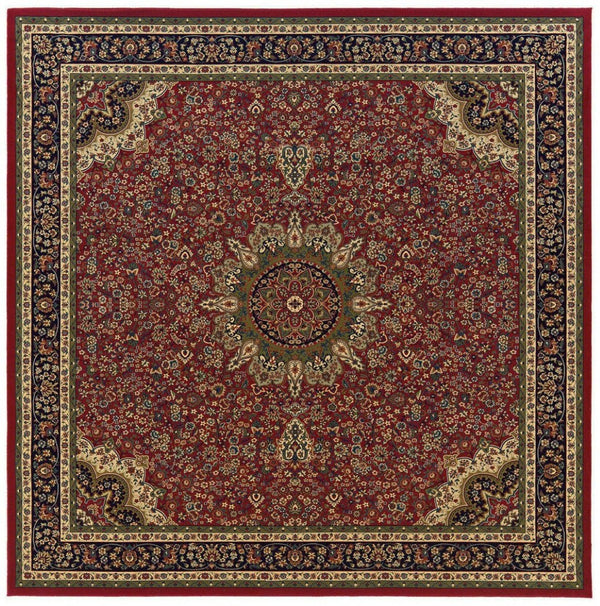 HomeRoots 6' Elegant Red and Blue Oriental Round Rug - Stain-Resistant, Power-Loomed for Lasting Beauty 8' Square 574139