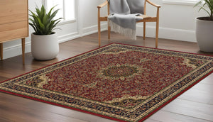 HomeRoots 6' Elegant Red and Blue Oriental Round Rug - Stain-Resistant, Power-Loomed for Lasting Beauty 8' Square 574139