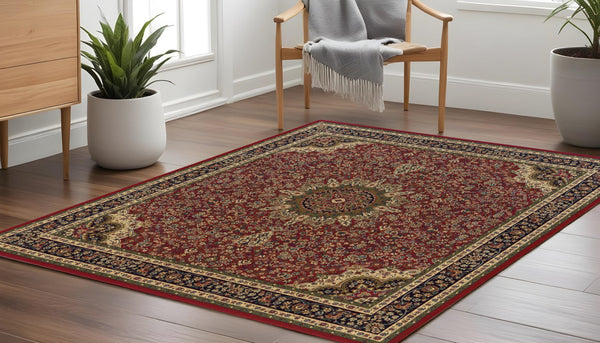 HomeRoots 6' Elegant Red and Blue Oriental Round Rug - Stain-Resistant, Power-Loomed for Lasting Beauty 8' Square 574139