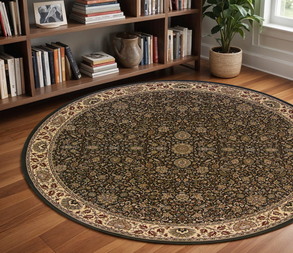 Homeroots 6' Brown Oriental Round Rug - Durable, Stain Resistant, Geometric Design For Warmth And Style Brown,Ivory Polypropylene 574141