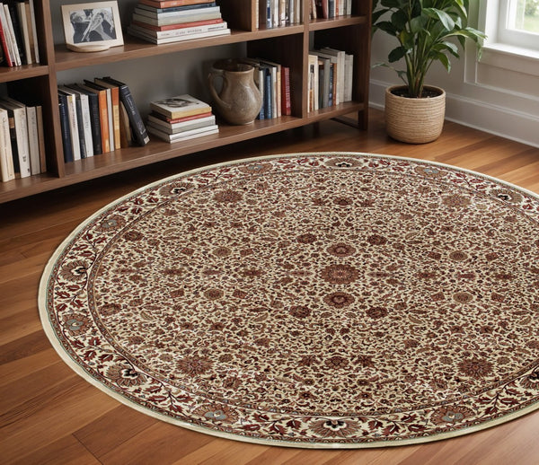 Homeroots 6' Brown Oriental Round Rug - Durable, Stain Resistant, Geometric Design For Warmth And Style 8' Round Polypropylene 574144